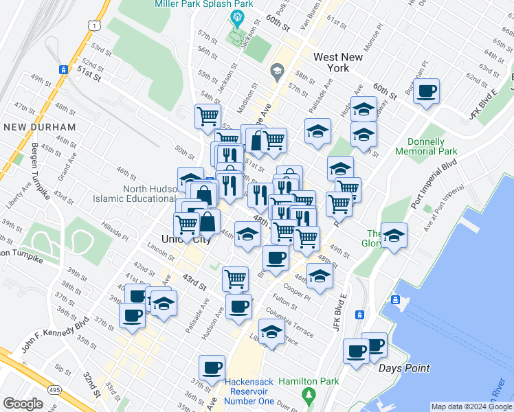 map of restaurants, bars, coffee shops, grocery stores, and more near 4816 Palisade Avenue in Union City