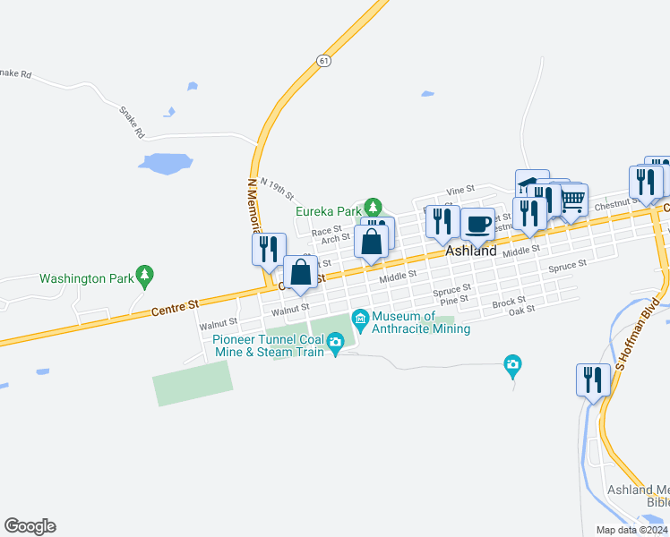 map of restaurants, bars, coffee shops, grocery stores, and more near 1813 Centre Street in Ashland