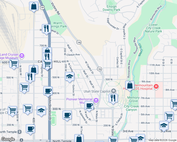 map of restaurants, bars, coffee shops, grocery stores, and more near 65 West Girard Avenue in Salt Lake City