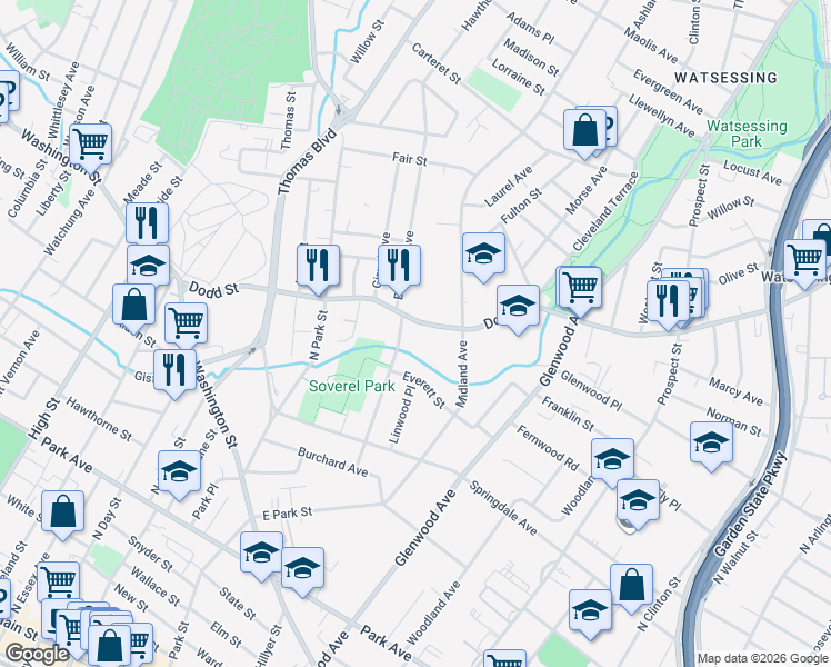 map of restaurants, bars, coffee shops, grocery stores, and more near 108 Brighton Avenue in East Orange
