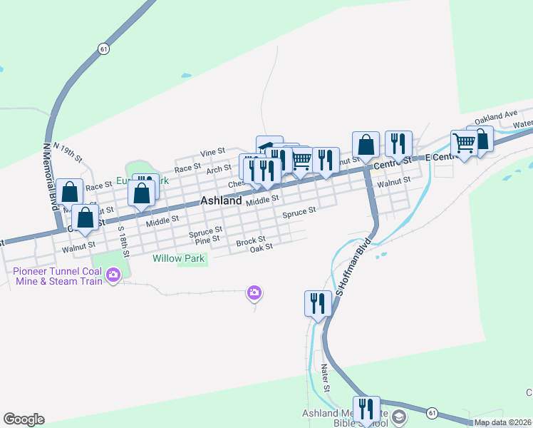 map of restaurants, bars, coffee shops, grocery stores, and more near 901 Brock Street in Ashland