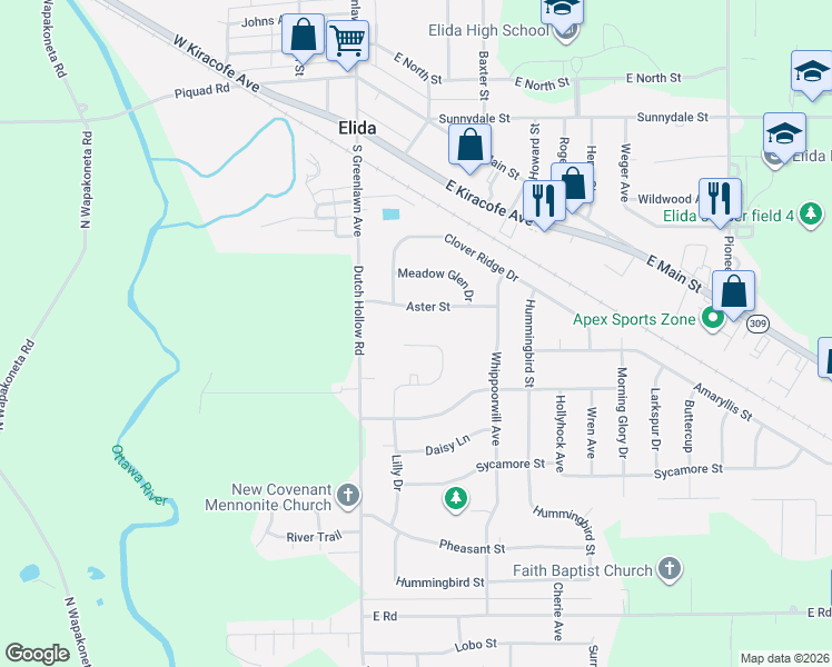map of restaurants, bars, coffee shops, grocery stores, and more near 4023 Lilly Drive in Elida