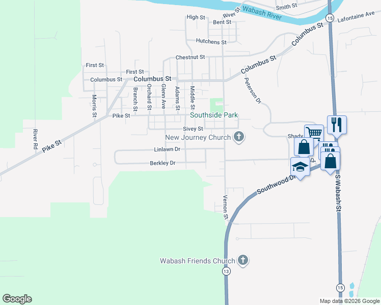 map of restaurants, bars, coffee shops, grocery stores, and more near 620 Berkley Drive in Wabash