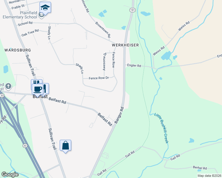 map of restaurants, bars, coffee shops, grocery stores, and more near 5821 Shady Lane in Nazareth