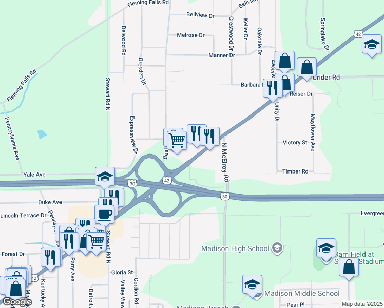 map of restaurants, bars, coffee shops, grocery stores, and more near 1277 Ashland Road in Mansfield
