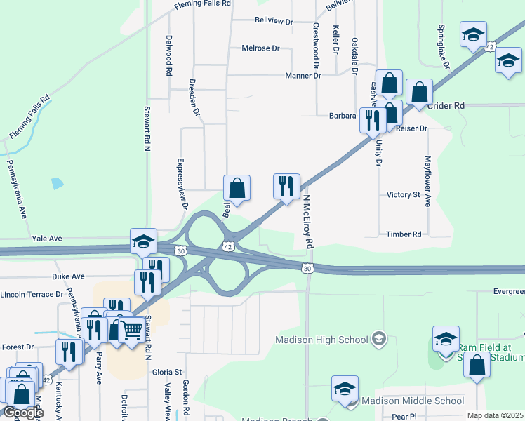 map of restaurants, bars, coffee shops, grocery stores, and more near 1277 Ashland Road in Mansfield