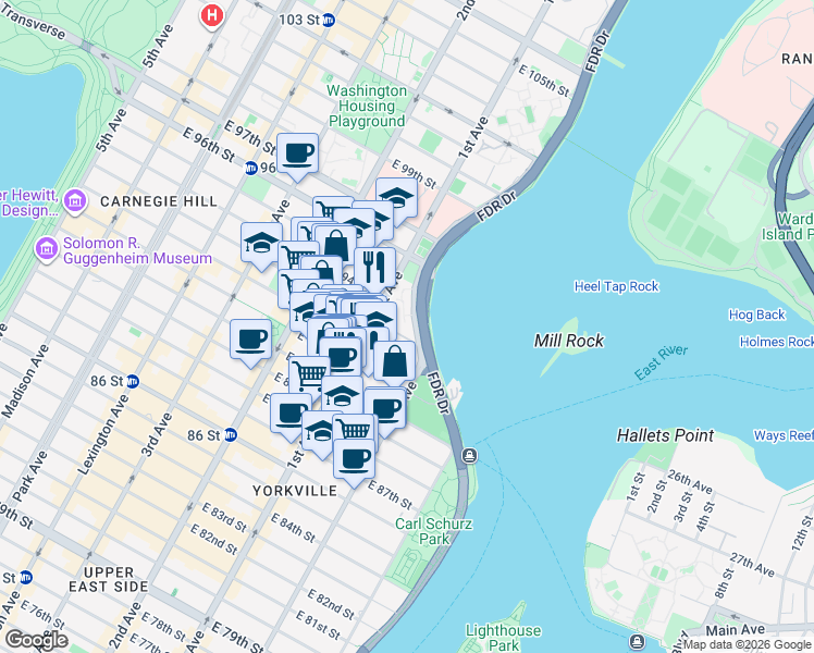 map of restaurants, bars, coffee shops, grocery stores, and more near 419 East 93rd Street in New York