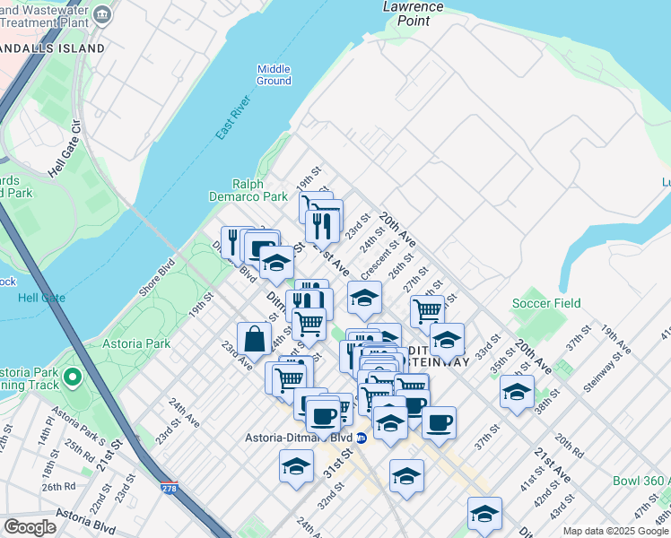 map of restaurants, bars, coffee shops, grocery stores, and more near 21-36 24th Street in Queens