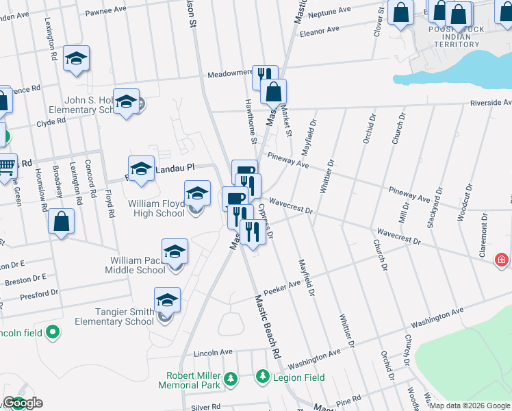 map of restaurants, bars, coffee shops, grocery stores, and more near 491 Mastic Road in Mastic Beach