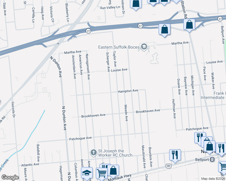 map of restaurants, bars, coffee shops, grocery stores, and more near 756 Scherger Avenue in East Patchogue