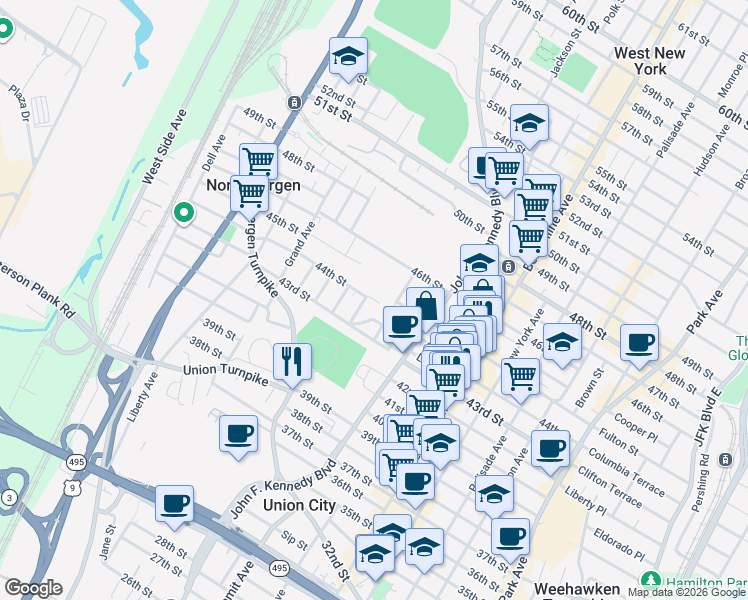 map of restaurants, bars, coffee shops, grocery stores, and more near 1215 43rd Street in North Bergen