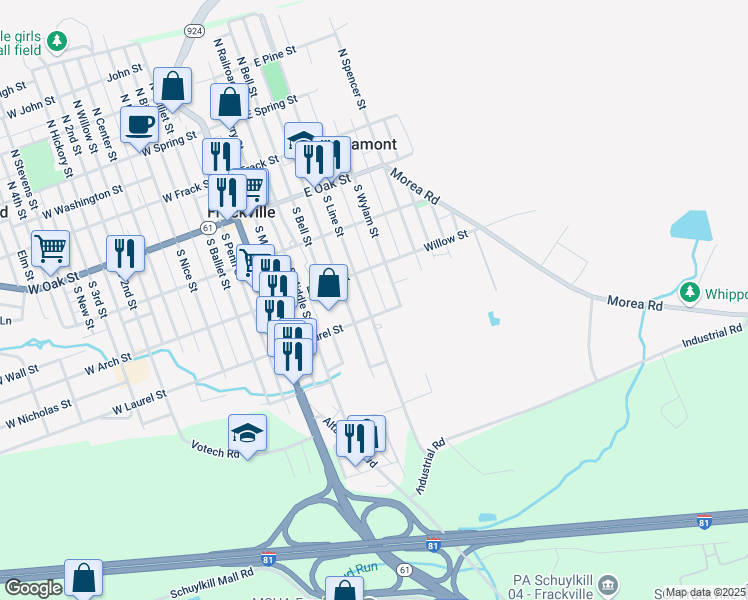 map of restaurants, bars, coffee shops, grocery stores, and more near 337 South Line Street in Frackville