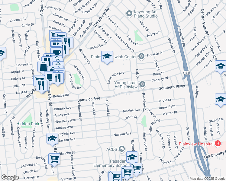 map of restaurants, bars, coffee shops, grocery stores, and more near 77 Stratford Road in Plainview
