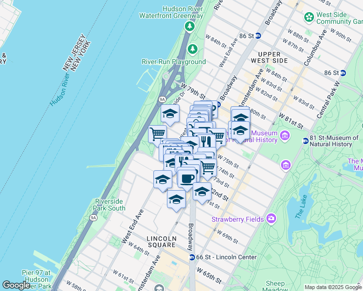 map of restaurants, bars, coffee shops, grocery stores, and more near 300 West End Avenue in New York