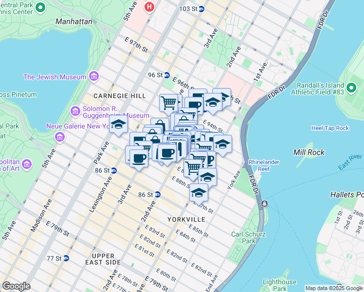 map of restaurants, bars, coffee shops, grocery stores, and more near 289 East 91st Street in New York