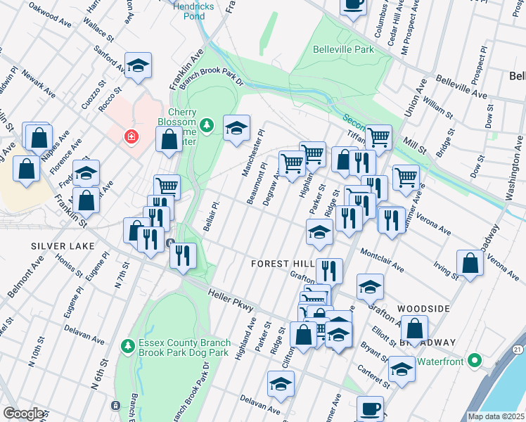 map of restaurants, bars, coffee shops, grocery stores, and more near Montclair Avenue & Degraw Avenue in Newark