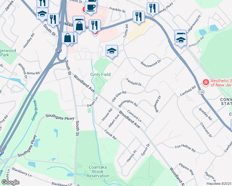 map of restaurants, bars, coffee shops, grocery stores, and more near 61 Old Glen Road in Morristown