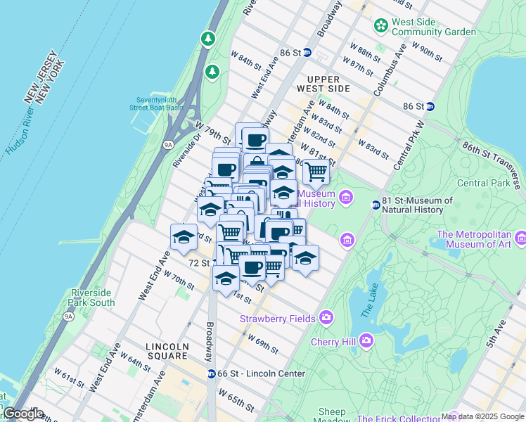 map of restaurants, bars, coffee shops, grocery stores, and more near 169 West 76th Street in New York