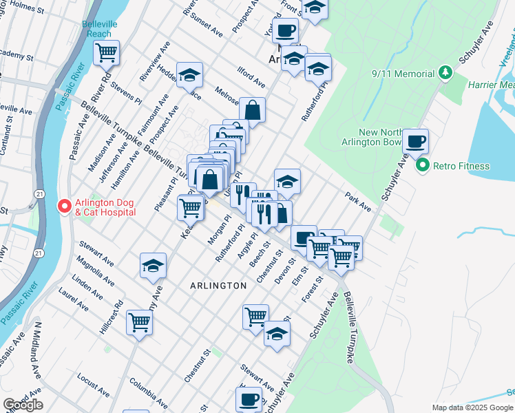 map of restaurants, bars, coffee shops, grocery stores, and more near 16 Rutherford Place in North Arlington