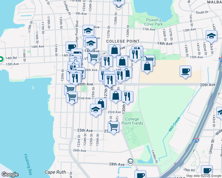 map of restaurants, bars, coffee shops, grocery stores, and more near 20-39 128th Street in Queens