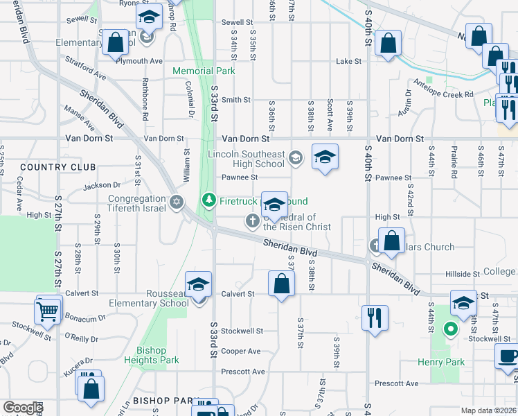 map of restaurants, bars, coffee shops, grocery stores, and more near 3500 Sheridan Boulevard in Lincoln
