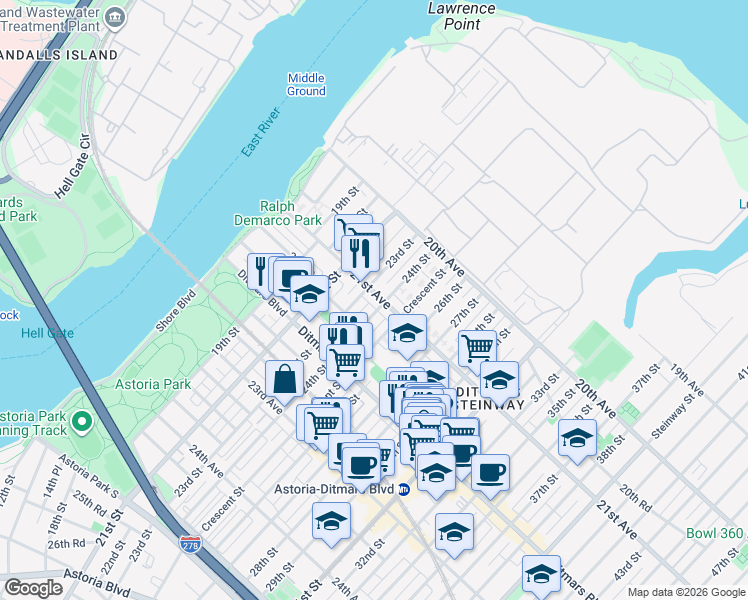 map of restaurants, bars, coffee shops, grocery stores, and more near 21-36 24th Street in Queens