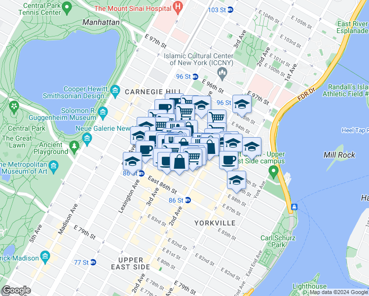 map of restaurants, bars, coffee shops, grocery stores, and more near 232 East 90th Street in New York