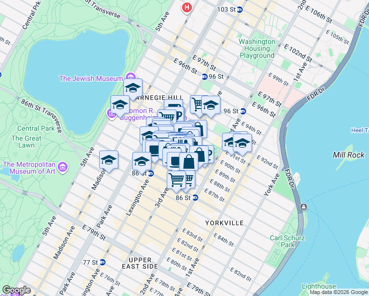 map of restaurants, bars, coffee shops, grocery stores, and more near 1574 3rd Avenue in New York