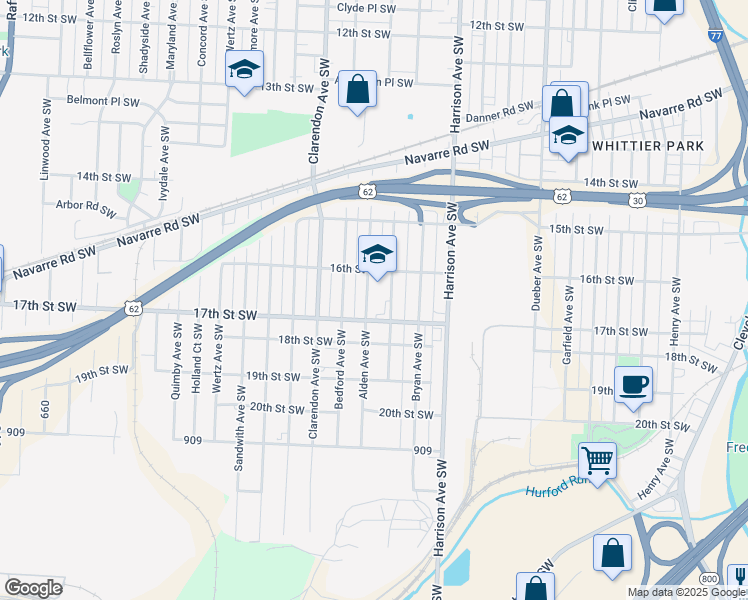 map of restaurants, bars, coffee shops, grocery stores, and more near 2339 17th Street Southwest in Canton