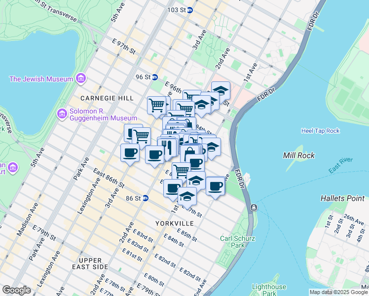 map of restaurants, bars, coffee shops, grocery stores, and more near 310 East 92nd Street in New York