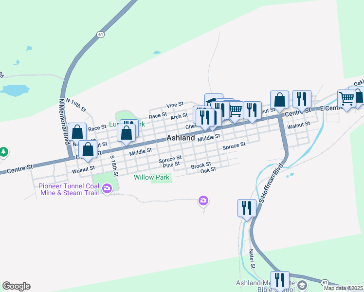 map of restaurants, bars, coffee shops, grocery stores, and more near 1139 Walnut Street in Ashland