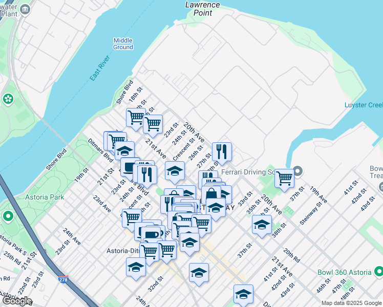 map of restaurants, bars, coffee shops, grocery stores, and more near 20-38 26th Street in Queens