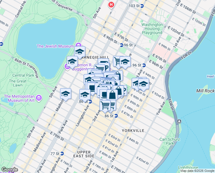map of restaurants, bars, coffee shops, grocery stores, and more near 1574 3rd Avenue in New York