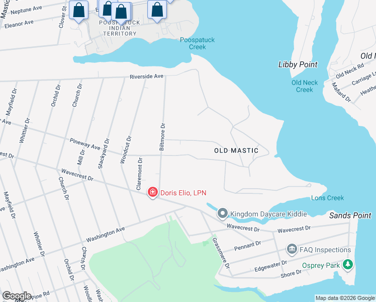 map of restaurants, bars, coffee shops, grocery stores, and more near 1 Private Road in Mastic Beach