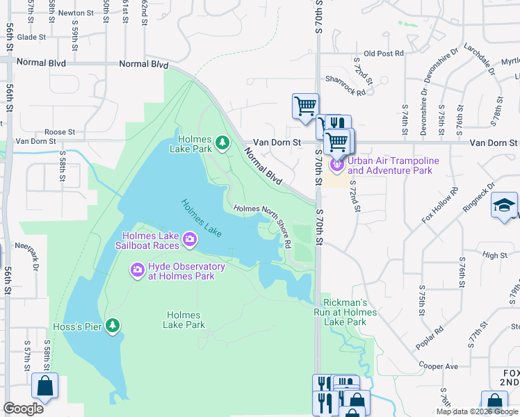 map of restaurants, bars, coffee shops, grocery stores, and more near Holmes North Shore Road in Lincoln