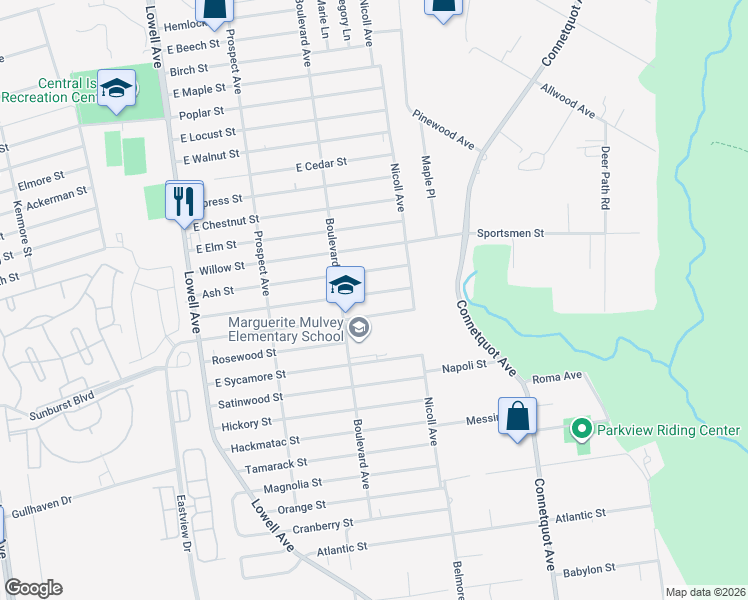 map of restaurants, bars, coffee shops, grocery stores, and more near 96 Juniper Street in Central Islip