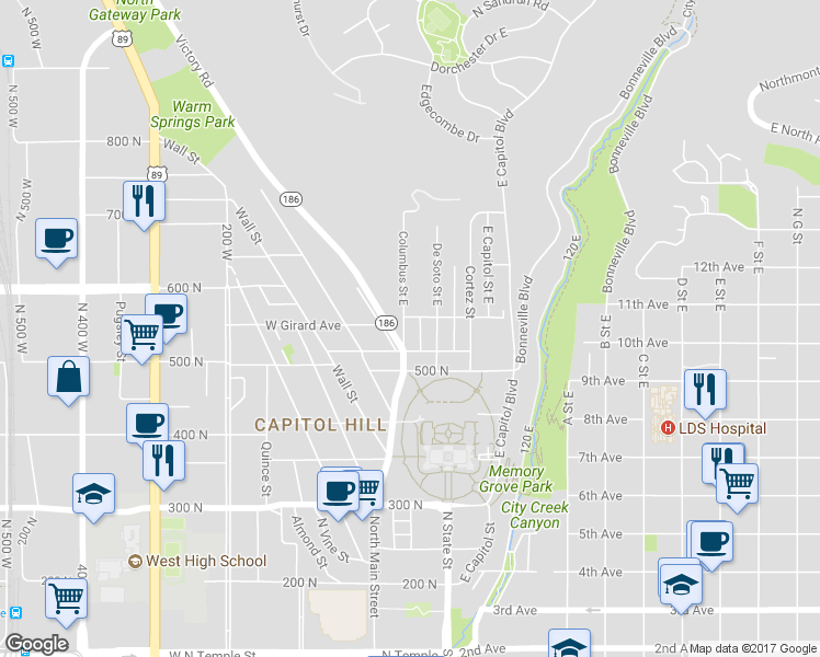 map of restaurants, bars, coffee shops, grocery stores, and more near 530 East Zane Avenue in Salt Lake City