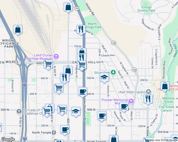 map of restaurants, bars, coffee shops, grocery stores, and more near 260 West 500 North in Salt Lake City
