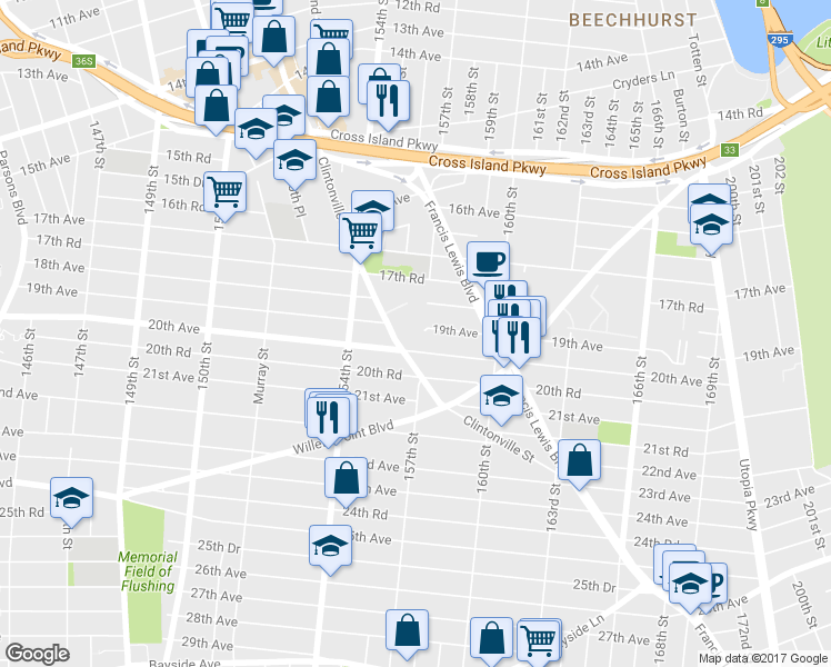 map of restaurants, bars, coffee shops, grocery stores, and more near 20-07 Clintonville Street in Queens