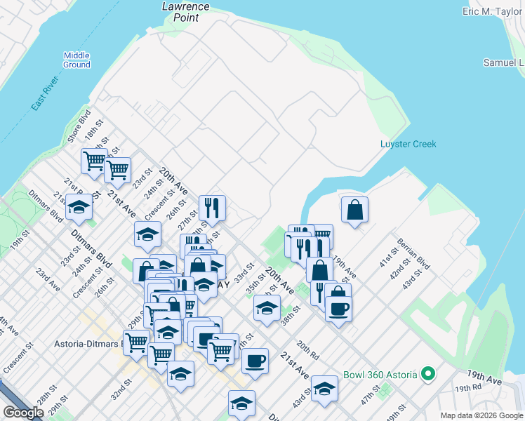 map of restaurants, bars, coffee shops, grocery stores, and more near 31-01 20th Avenue in Queens