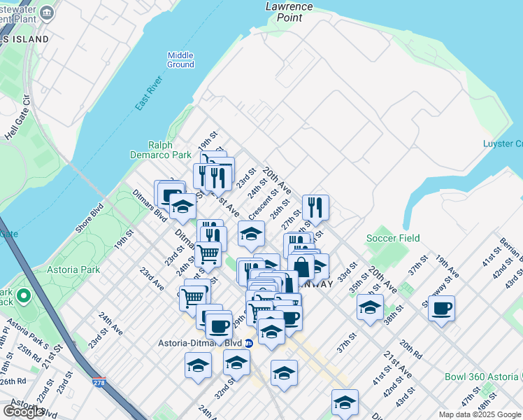 map of restaurants, bars, coffee shops, grocery stores, and more near 20-68 26th Street in Queens