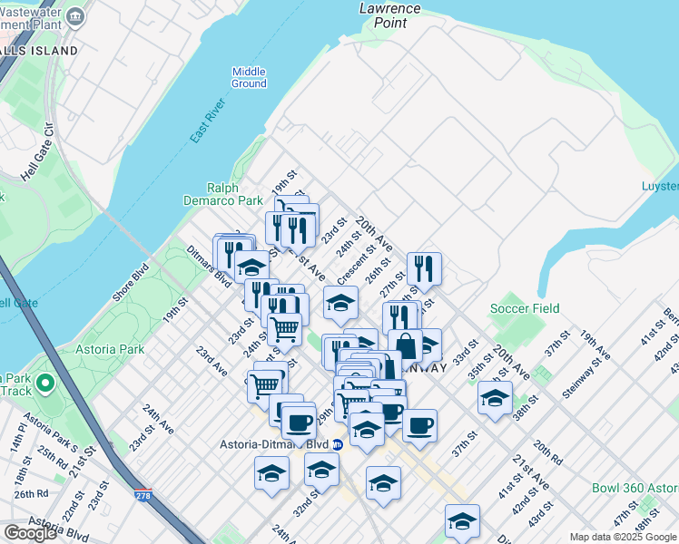 map of restaurants, bars, coffee shops, grocery stores, and more near 24-20 21st Avenue in Queens