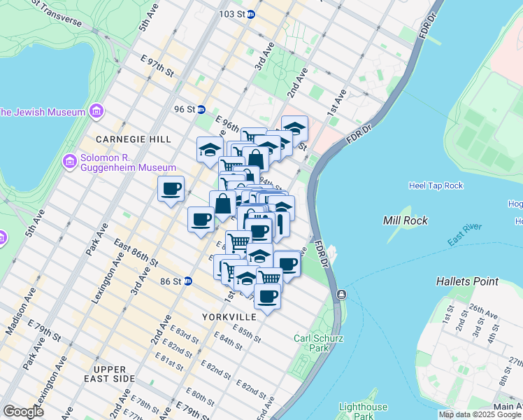 map of restaurants, bars, coffee shops, grocery stores, and more near in New York