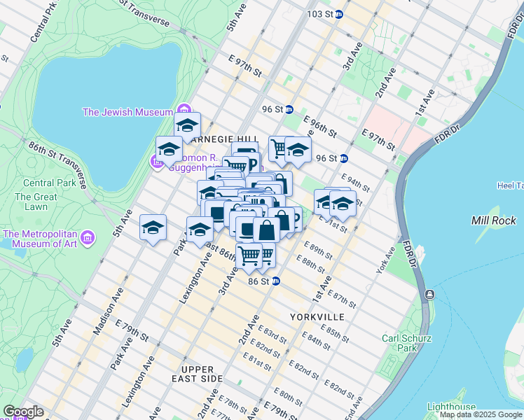 map of restaurants, bars, coffee shops, grocery stores, and more near 1574 3rd Avenue in New York