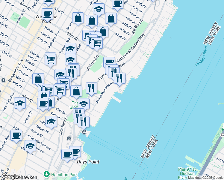 map of restaurants, bars, coffee shops, grocery stores, and more near 24 Avenue at Port Imperial in West New York