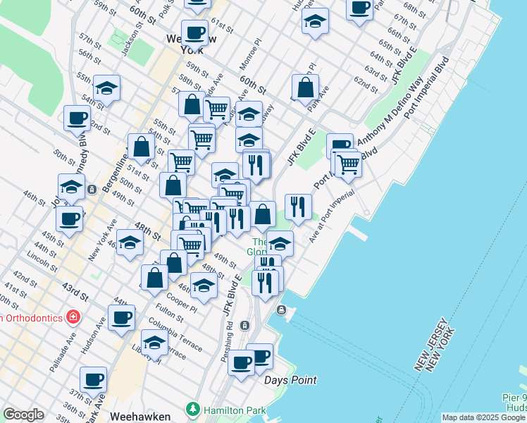 map of restaurants, bars, coffee shops, grocery stores, and more near 5205 John F. Kennedy Boulevard in West New York