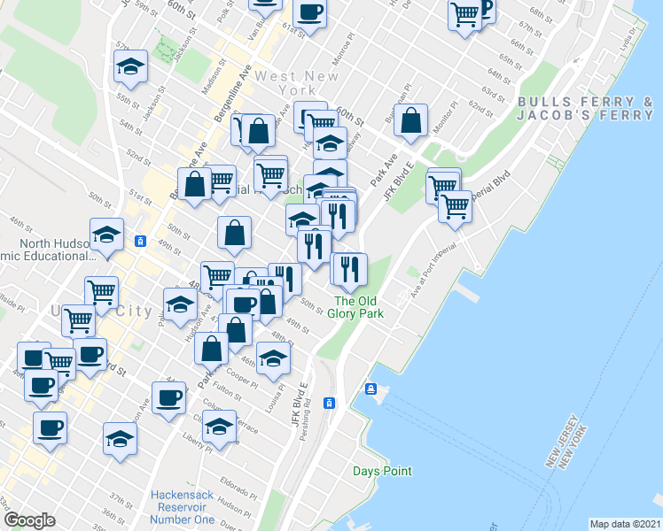 map of restaurants, bars, coffee shops, grocery stores, and more near 32 51st Street in West New York