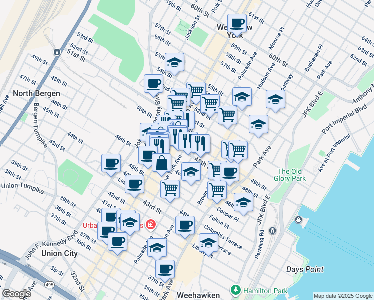 map of restaurants, bars, coffee shops, grocery stores, and more near 306 47th Street in Union City