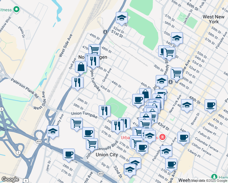 map of restaurants, bars, coffee shops, grocery stores, and more near 1311 43rd Street in North Bergen