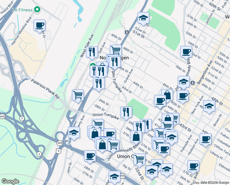 map of restaurants, bars, coffee shops, grocery stores, and more near 4008 Gehr Place in North Bergen